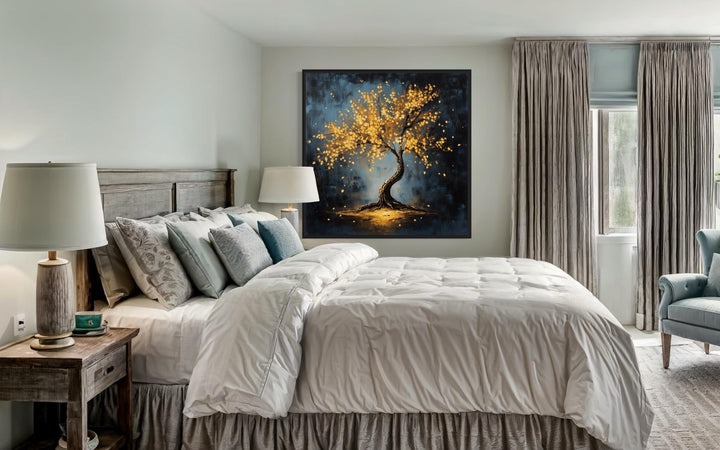 Lonely Magical Tree With Golden Leaves Framed Canvas Wall Art