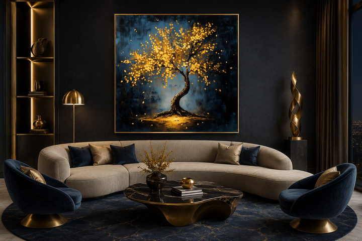 Framed canvas wall art of a lonely magical tree with golden leaves in a dark, modern living room.
