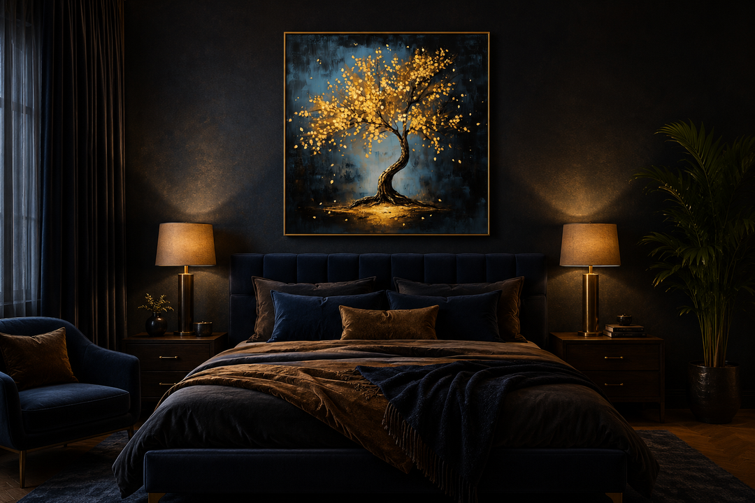 Framed canvas wall art of a lonely tree with golden leaves above a bed in a dark, cozy bedroom.