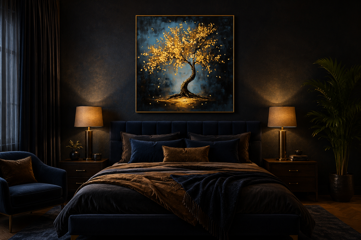 Framed canvas wall art of a lonely tree with golden leaves above a bed in a dark, cozy bedroom.