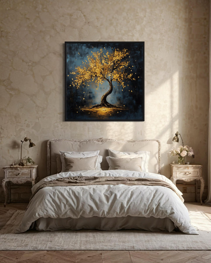 Lonely Magical Tree With Golden Leaves Framed Canvas Wall Art