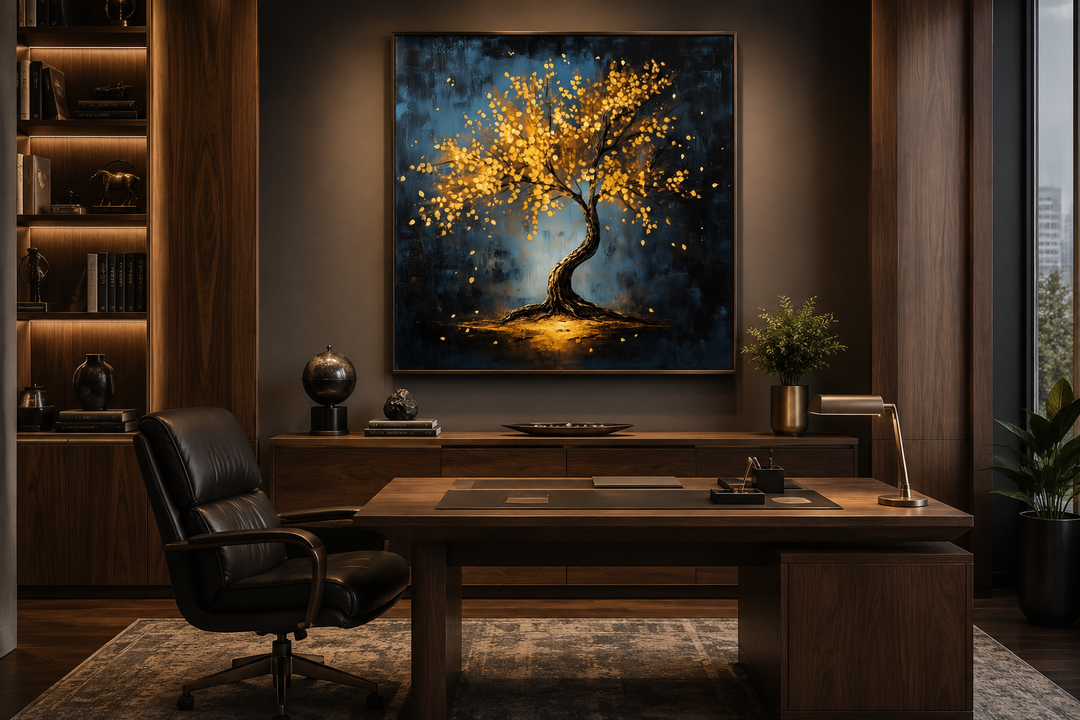 Framed canvas wall art of a lonely tree with golden leaves in a dark, modern office setting.