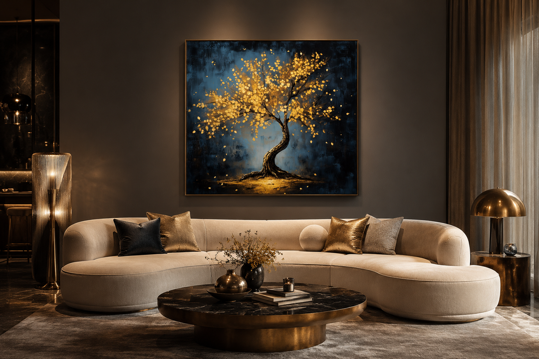 Framed canvas wall art of a magical tree with shimmering golden leaves on a dark blue background.