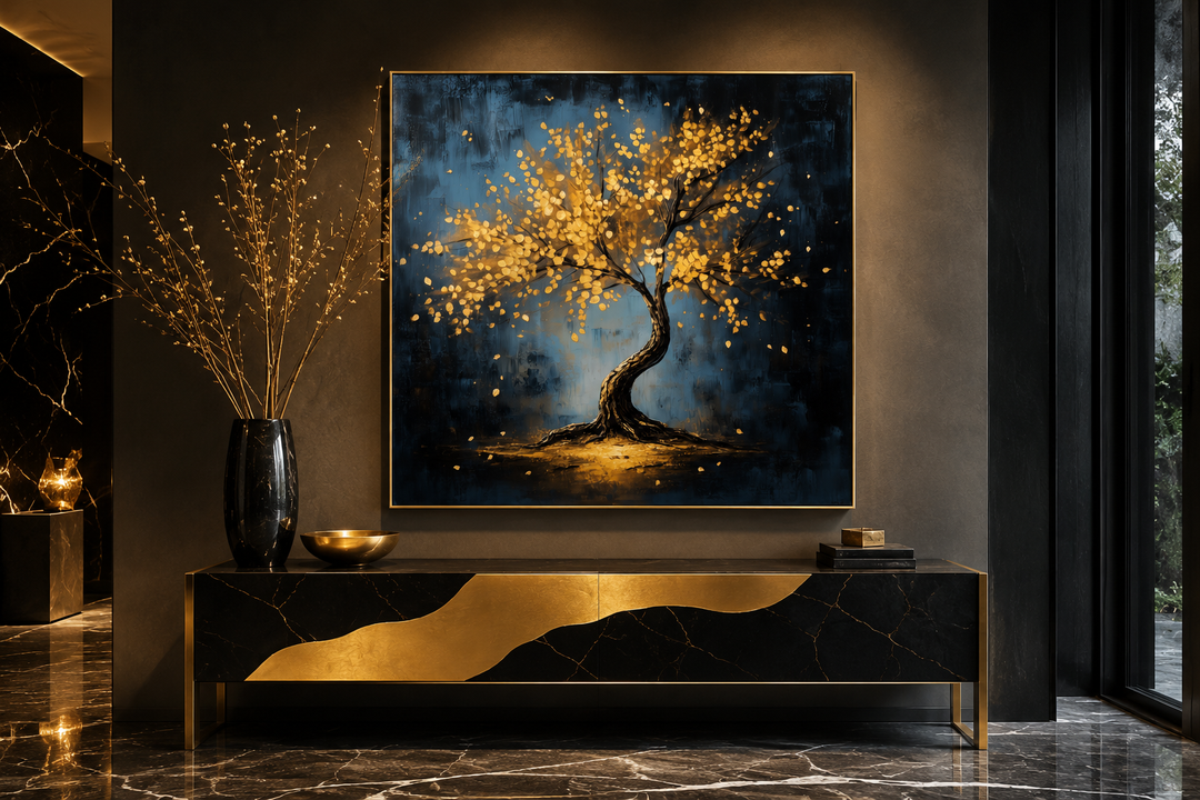 Framed canvas wall art of a lonely tree with golden leaves against a dark blue background.