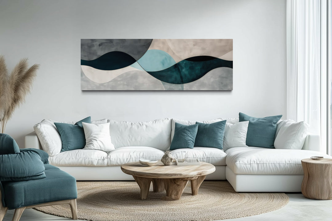 Long Horizontal Abstract Geometric Teal Blue Grey Above Bed or Couch Wall Art