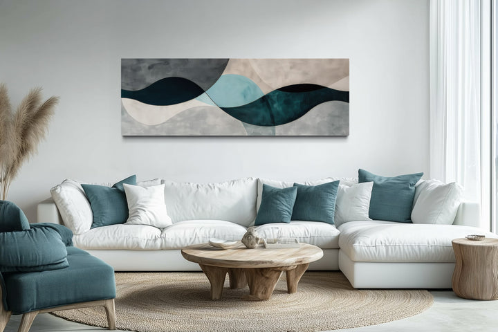 Long Horizontal Abstract Geometric Teal Blue Grey Above Bed or Couch Wall Art