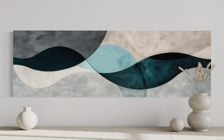 Long Horizontal Abstract Geometric Teal Blue Grey Above Bed or Couch Wall Art