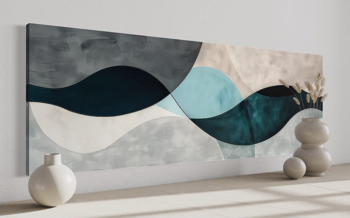 Long Horizontal Abstract Geometric Teal Blue Grey Above Bed or Couch Wall Art