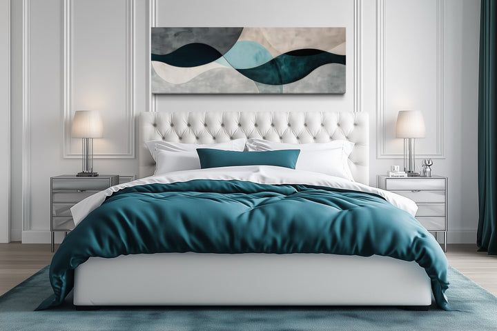 Long Horizontal Abstract Geometric Teal Blue Grey Above Bed or Couch Wall Art