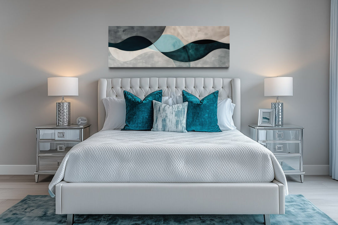 Long Horizontal Abstract Geometric Teal Blue Grey Above Bed or Couch Wall Art