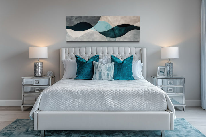 Long Horizontal Abstract Geometric Teal Blue Grey Above Bed or Couch Wall Art