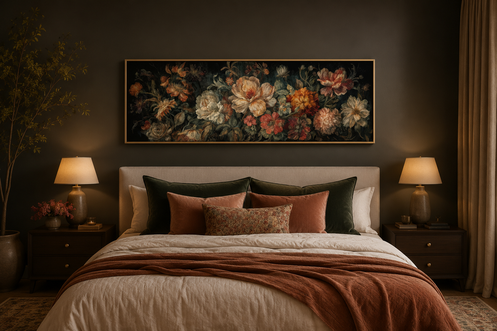 Long horizontal antique style moody floral framed canvas wall art hanging above a bed.