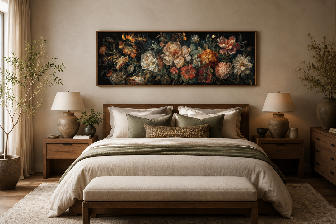 Long horizontal antique style moody floral framed canvas wall art hanging above a bed.