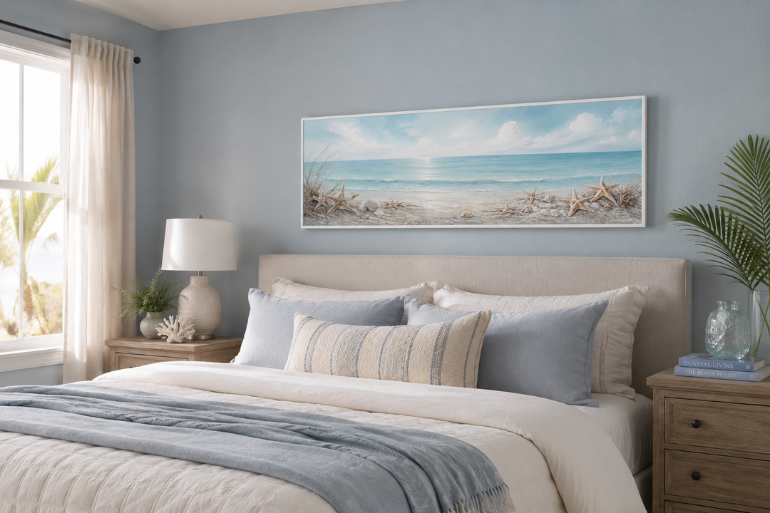 Long horizontal beach wall art with seashells and starfish above a bed in a coastal bedroom.