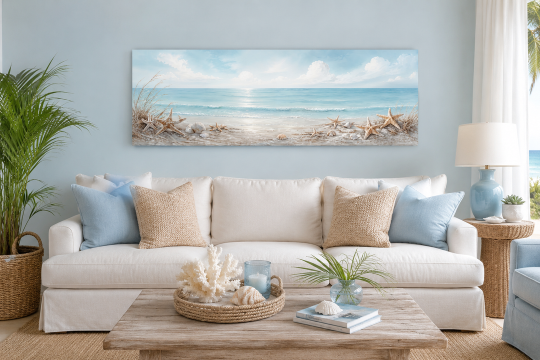 Long horizontal beach canvas wall art with starfish and seashells above a white sofa.