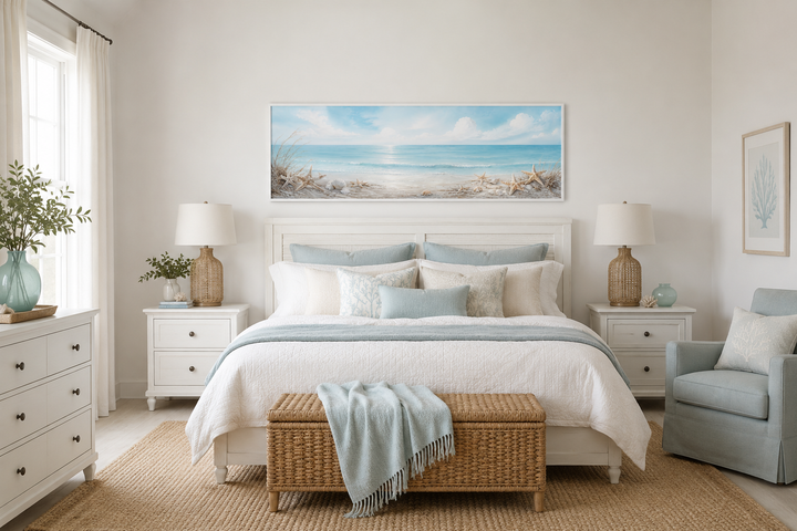 Long horizontal beach wall art with seashells and starfish above a bed in a coastal bedroom.