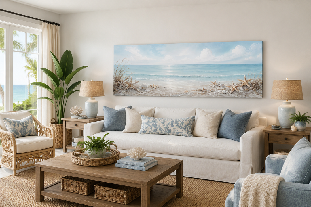 Long horizontal beach canvas wall art with seashells and starfish above a white sofa.