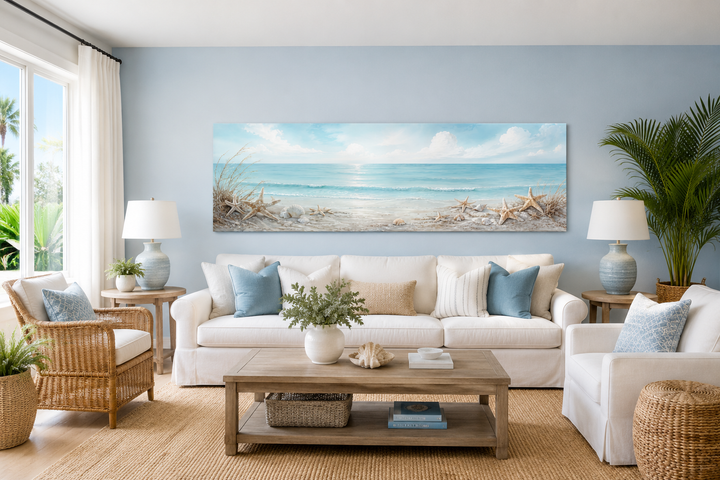 Long horizontal beach wall art with starfish and seashells above a white sofa in a coastal room.
