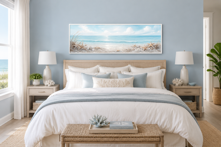 Long horizontal beach wall art with seashells and starfish above a bed in a coastal bedroom.