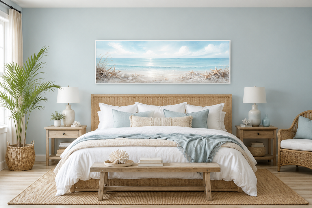 Long horizontal beach wall art with seashells and starfish above a bed in a coastal bedroom.