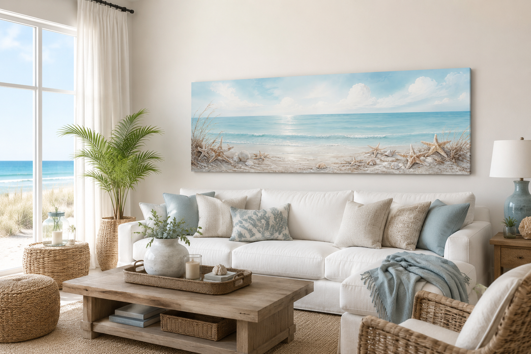 Long horizontal beach canvas wall art with seashells and starfish above a white sofa in a living room
