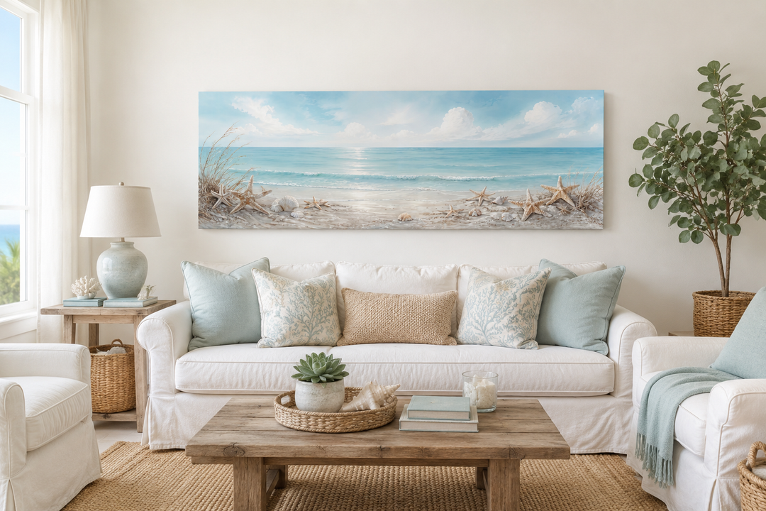 Long horizontal beach wall art with seashells and starfish above a white sofa in a coastal room.