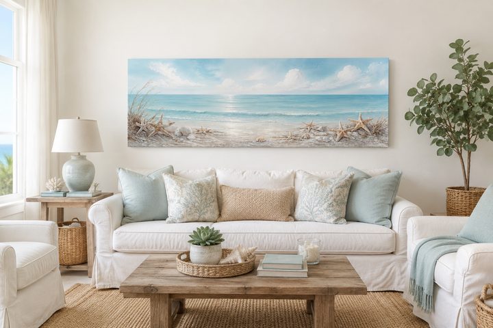 Long horizontal beach wall art with seashells and starfish above a white sofa in a coastal room.