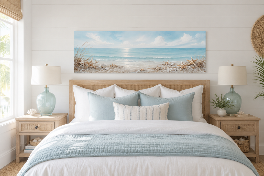 Long horizontal beach canvas wall art with seashells and starfish hanging above a bed.