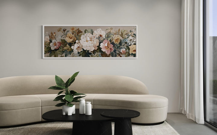 Long Horizontal Beige And Pastel Neutral Vintage Floral Framed Tapestry Wall Art