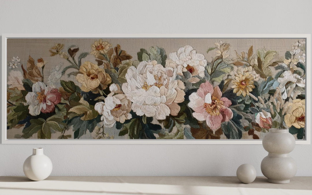 Long Horizontal Beige And Pastel Neutral Vintage Floral Framed Tapestry Wall Art
