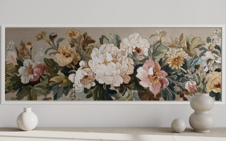 Long Horizontal Beige And Pastel Neutral Vintage Floral Framed Tapestry Wall Art