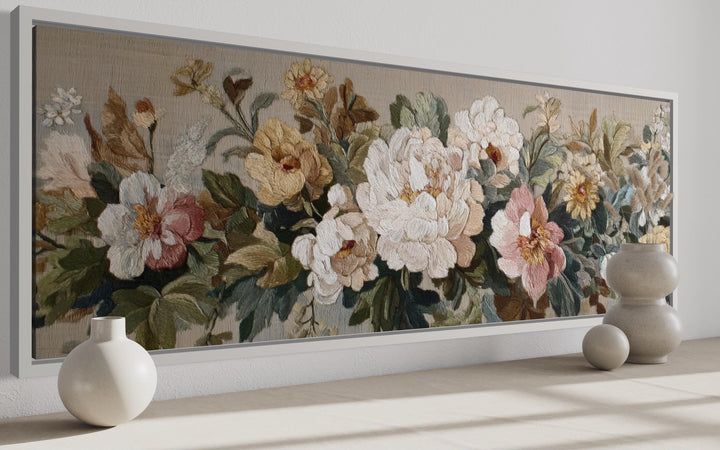 Long Horizontal Beige And Pastel Neutral Vintage Floral Framed Tapestry Wall Art