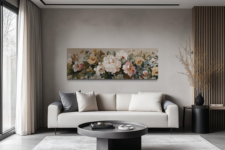 Long Horizontal Beige And Pastel Neutral Vintage Floral Framed Tapestry Wall Art