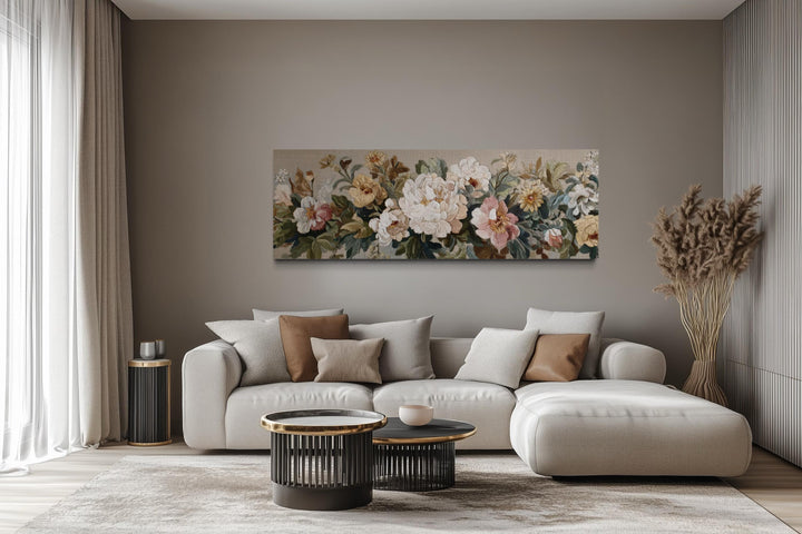 Long Horizontal Beige And Pastel Neutral Vintage Floral Framed Tapestry Wall Art