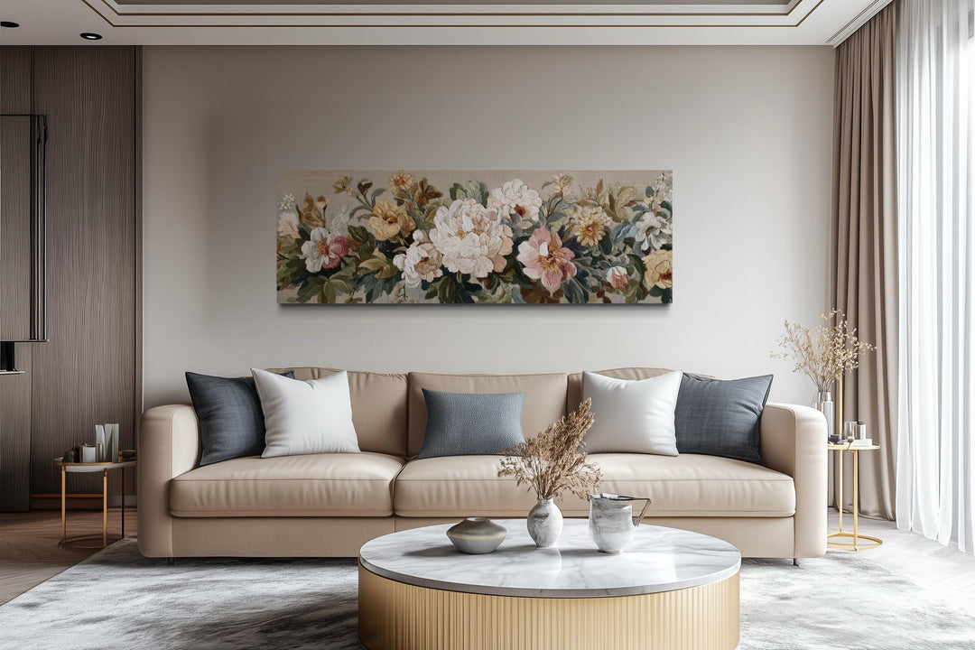 Long Horizontal Beige And Pastel Neutral Vintage Floral Framed Tapestry Wall Art