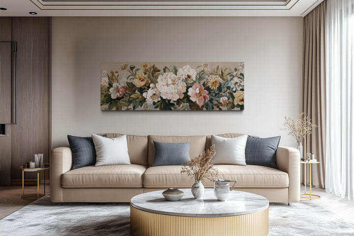 Long Horizontal Beige And Pastel Neutral Vintage Floral Framed Tapestry Wall Art