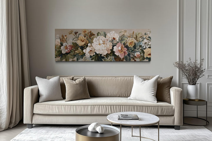 Long Horizontal Beige And Pastel Neutral Vintage Floral Framed Tapestry Wall Art