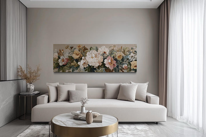 Long Horizontal Beige And Pastel Neutral Vintage Floral Framed Tapestry Wall Art