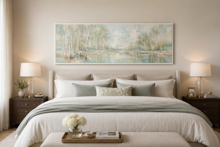 Long horizontal birch trees canvas print in soft sage and ivory above a neutral upholstered bed.