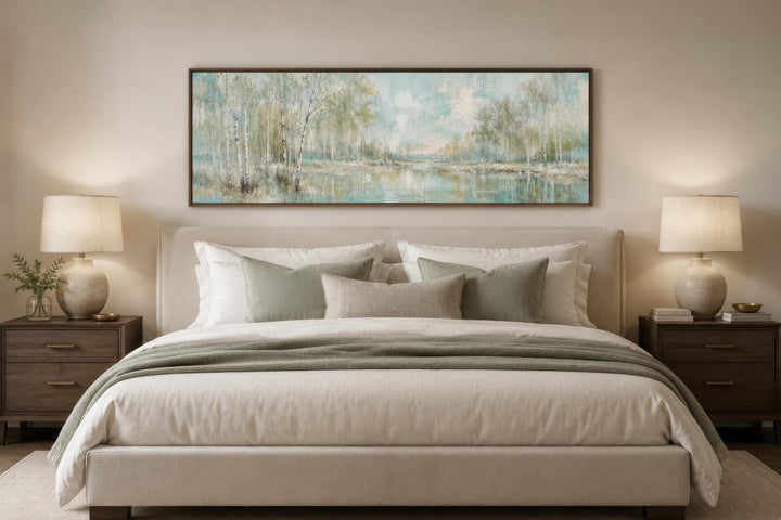 Long horizontal canvas print of birch trees in soft sage green and white above a neutral bed.
