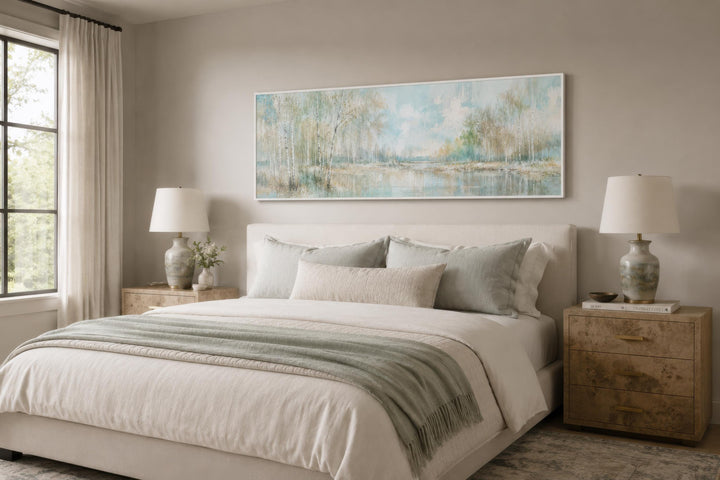 Long horizontal birch tree canvas print in soft sage and ivory above a neutral upholstered bed.