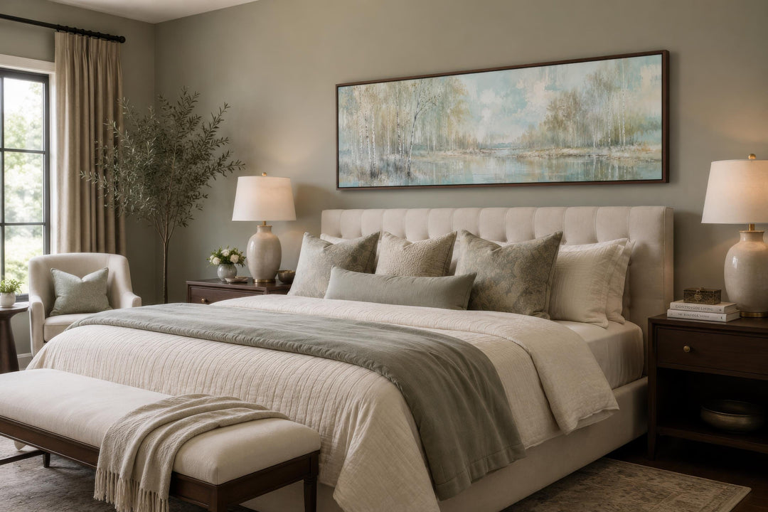 Long horizontal birch tree canvas art hanging above a tufted headboard in a neutral bedroom.