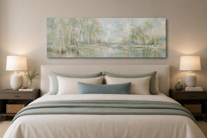 Long horizontal canvas print of a misty birch tree forest over a bed in a neutral bedroom.