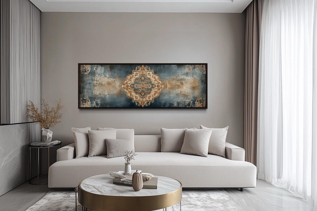 Long Horizontal Blue Beige Persian Rug Canvas Wall Art Print