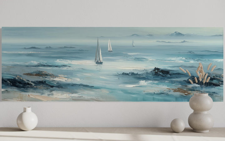 Long Horizontal Coastal Wall Art With Sailboats
