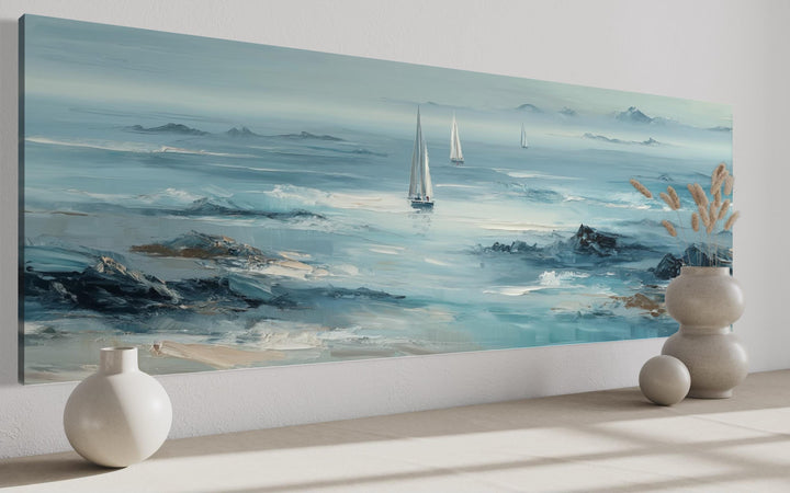 Long Horizontal Coastal Wall Art With Sailboats