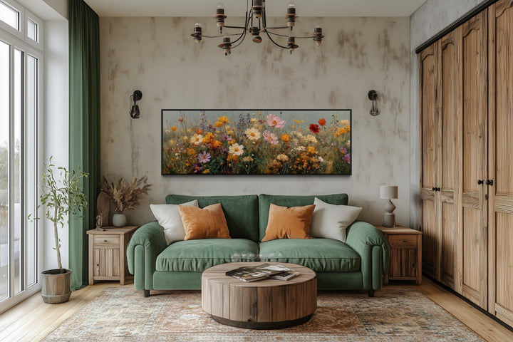 Long horizontal colorful wild flowers painting wall art hanging above a green sofa in a living room.