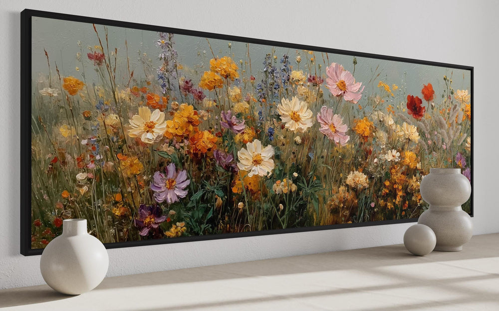 Long Horizontal Colorful Wild Flowers Painting Wall Art