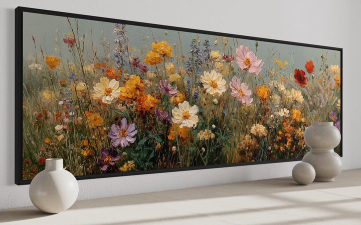 Long Horizontal Colorful Wild Flowers Painting Wall Art