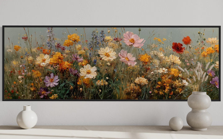 Long Horizontal Colorful Wild Flowers Painting Wall Art